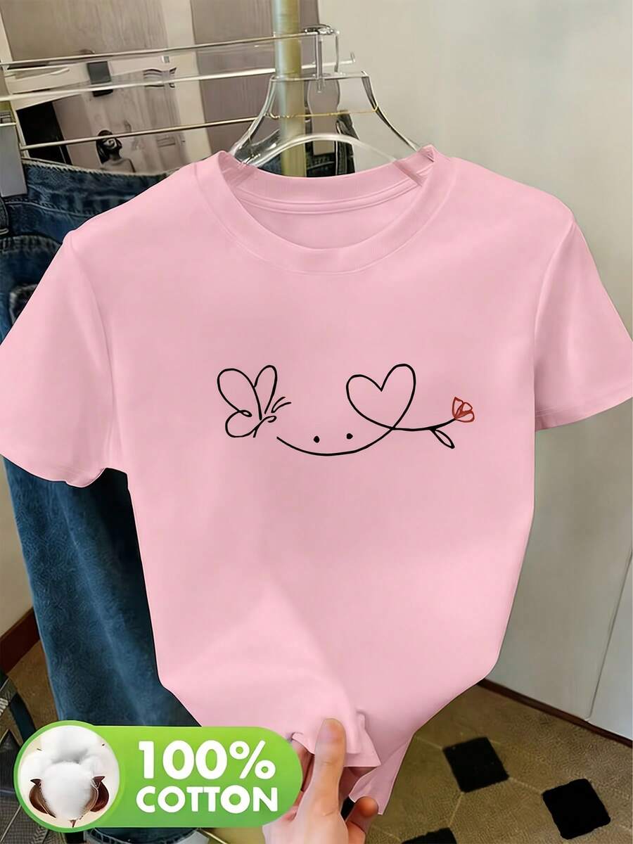 Camiseta manga corta cuello redondo 100% algodón, estampado trendy, tejido ligero y ventilado, estilo moda casual, apta para vida diaria, salidas informales y citas en primavera, verano y otoño - rosa - Ver 1