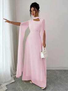 Vestido de noche elegante 2026, cuello redondo hueco manga larga abertura cintura alta con cordón, ideal para eventos y cumpleaños - Rosa Pálido - Ver 4