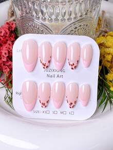 Bộ 10 móng tay giả thủ công phiên bản giới hạn mùa hè, hình hạnh nhân ngắn, phong cách ngọt ngào và quyến rũ, màu hồng nude, thiết kế viền kiểu Pháp họa tiết da báo vẽ tay, hiệu ứng thạch trong suốt, đa năng, kèm dụng cụ làm móng, dễ dàng đeo và tháo, thích hợp cho các buổi đi chơi mùa hè, hẹn hò, dành riêng cho phụ nữ và các cô gái. - Màu Hồng baby - Xem 4