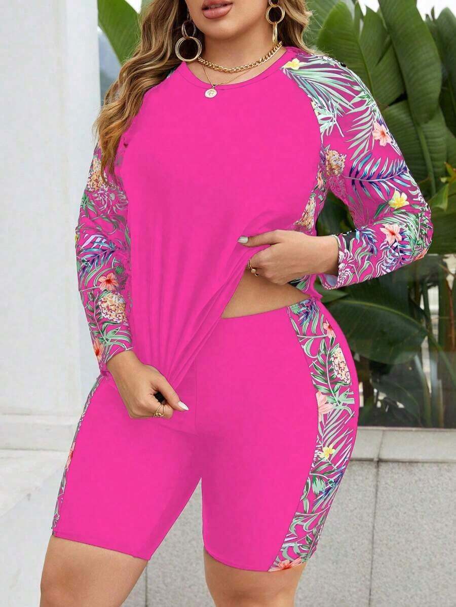 Swim Lushoire Conjunto de bikini sin mangas y con talla grande con estampado aleatorio - Rosa Fucsia - Ver 1