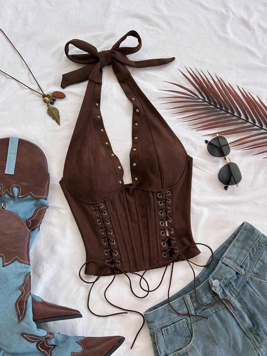 WYWH Top sin mangas con cuello en V, decorada con lazo y terciopelo, adecuada para otoño/invierno, vacaciones, citas, té de la tarde, vacaciones, festivales de música, estilo bohemio, playa - Marrón 2 - Ver 1