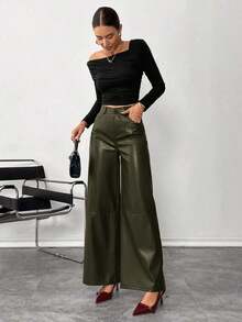 Pantalones de piel lisos con botón delantero, pantalones casuales minimalistas para mujer, para uso diario, prendas inferiores para mujer - Verde militar - Ver 3