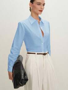 Camisa de manga larga con botones de estilo empresarial de hombro regular en color rosa, adecuada para el tránsito urbano, la oficina y el uso casual, primavera/verano - Azul - Ver 4