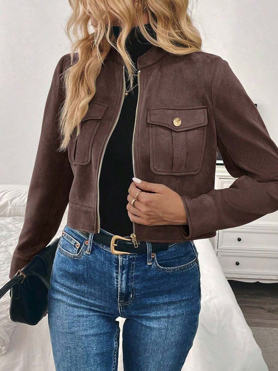 Chaqueta corta de carga de mujer con botones metálicos decorados, cálida y gruesa, adecuada para otoño/invierno - Marrón 2 - Ver 1