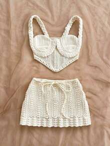 2 piezas Conjunto de top sin espalda de crochet y falda de cintura baja sexy para vacaciones, adecuado para festival de música, estilo bohemio, vacaciones, citas, té de la tarde - Blanco - Ver 7