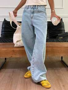 Pantalones vaqueros de pierna ancha con bolsillo en diagonal, pantalones vaqueros anchos - Lavado ligero - Ver 3
