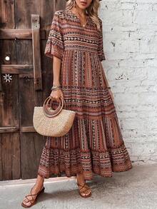 Vestido largo con escote de muesca estampado, atuendo de vacaciones y playa para mujeres - Marrón - Ver 7