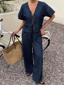 Conjunto de blusa de manga corta blanca con nudo delantero y pantalones vaqueros de corte holgado para mujer, conjunto de atuendo de verano - Azul - Ver 6