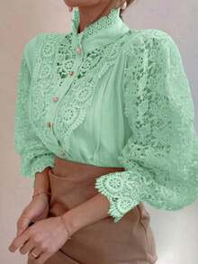 Blusa de primavera con cuello Mao de encaje floral y abotonadura hueca para mujer - Verde - Ver 2