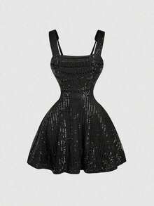 MOD Vestido de fiesta con lentejuelas de color albaricoque para mujer, sin mangas, corto y con diseño ajustado y acampanado, vestido con lentejuelas plateadas - Negro - Ver 1