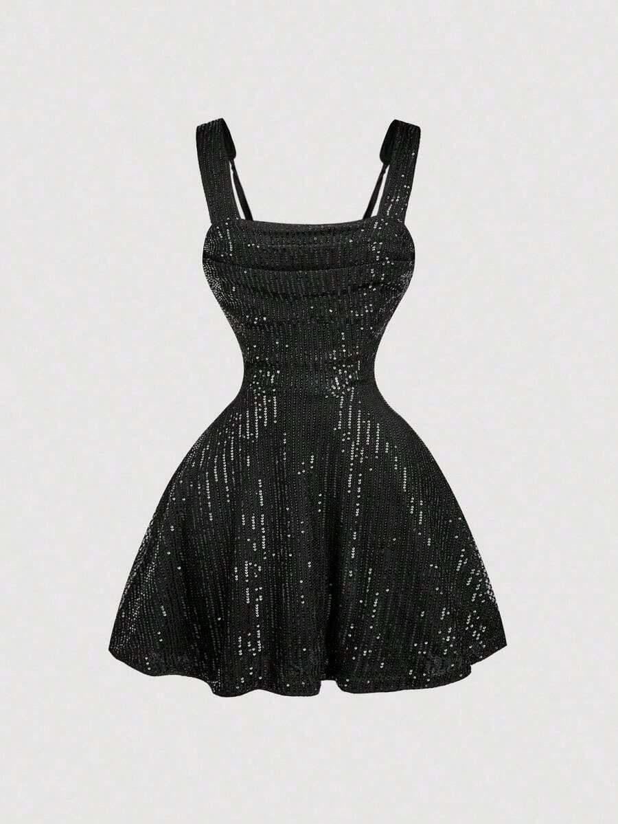 MOD Vestido de fiesta con lentejuelas de color albaricoque para mujer, sin mangas, corto y con diseño ajustado y acampanado, vestido con lentejuelas plateadas - Negro - Ver 1