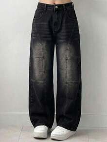 Jeans casuales de bolsillo de ajuste holgado de unicolor para mujer - Negro - Ver 8