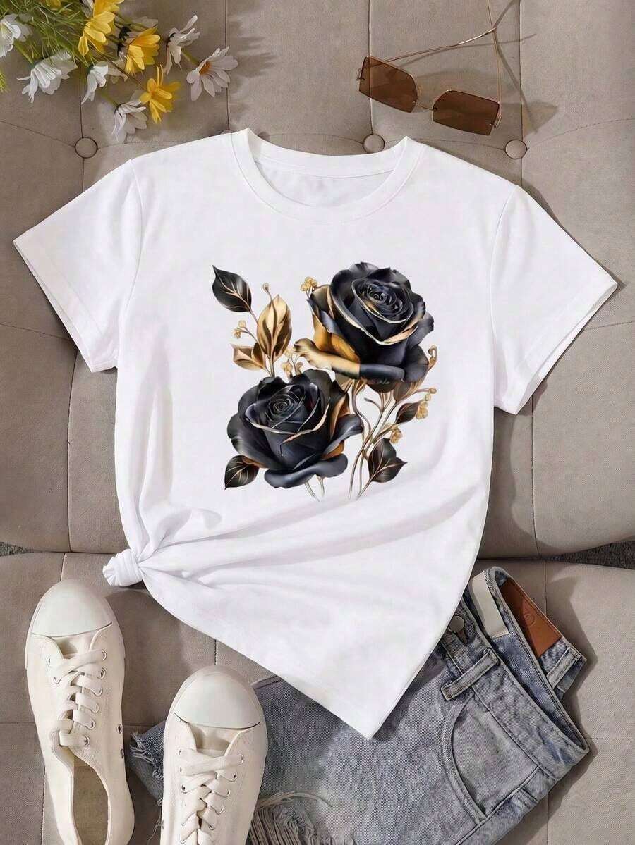 Women's Casual White Short-Sleeved Round Neck T-Shirt With Elegant Metallic Floral Print, Made Of Slightly Stretchy Polyester Fabric, Perfect For Spring And Autumn Outfits. - 白色的 - 查看 1