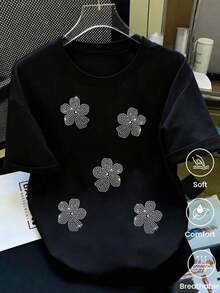 Fashionable Short-Sleeved T-Shirt For Spring And Summer 2026, Made In Mexico, 180 Grams. Cartoon Print, Couple Design, Suitable For Indoor Or Outdoor Wear. Crew Neck, Unisex, For Office And Leisure. One-Piece Pack. Women's Blouses, Women's T-Shirts, Casual Blouses For Ladies - 黑色 - 查看 1