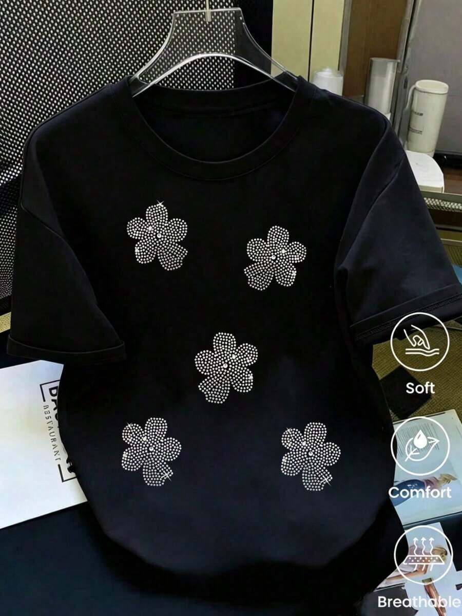 Fashionable Short-Sleeved T-Shirt For Spring And Summer 2026, Made In Mexico, 180 Grams. Cartoon Print, Couple Design, Suitable For Indoor Or Outdoor Wear. Crew Neck, Unisex, For Office And Leisure. One-Piece Pack. Women's Blouses, Women's T-Shirts, Casual Blouses For Ladies - 黑色 - 查看 1