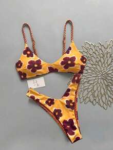 Conjunto de bikini reversible de dos piezas con estampado a cuadros y floral con lazo en la espalda para mujer, ideal para playa y vacaciones - Naranja - Ver 1