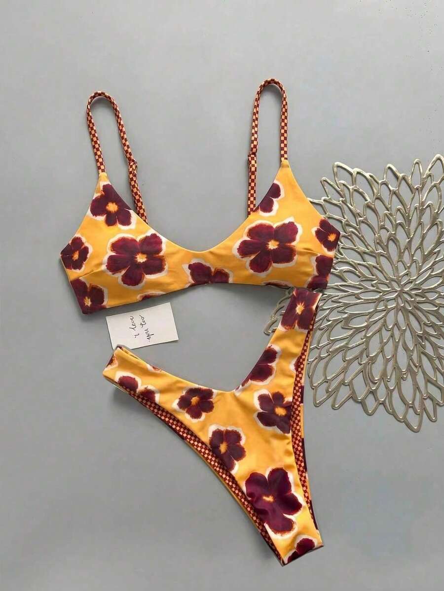 Conjunto de bikini reversible de dos piezas con estampado a cuadros y floral con lazo en la espalda para mujer, ideal para playa y vacaciones - Naranja - Ver 1