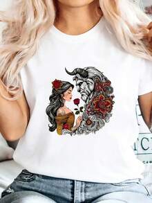 Camiseta de manga corta casual para mujer, con estampado de rosas y bestias, ideal para el uso diario en vacaciones de verano. Fabricada con tejido de punto suave y transpirable, lavable a máquina, cómoda para el uso diario y adecuada para primavera, verano, otoño e invierno. - Blanco - Ver 7