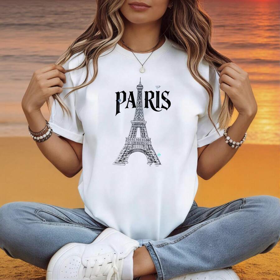 Women's Round Neck T-Shirt, 100% Cotton, Eiffel Tower Paris Print, Casual Daily Wear, Stretchy, Wrinkle-Free Fabric, Casual Everyday Top | Fashionable Women's Top - 白色 - 查看 1