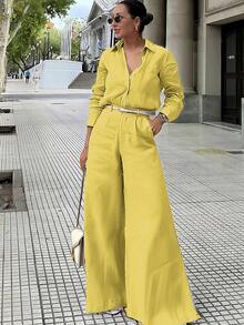 2 piezas Conjunto de ropa de verano elegante para mujer, ropa de verano casual ajustada, disfraz de carnaval que incluye camisa tipo cárdigan y pantalones de pierna ancha de cintura elástica, conjunto de Día de San Patricio para damas - Amarillo - Ver 3