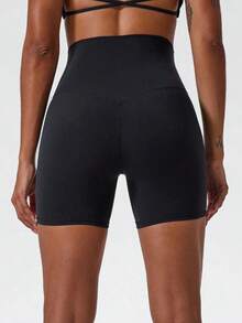 1 pieza Pantalones cortos de yoga elásticos de color nude, adecuados para correr, fitness, ciclismo y otros deportes, pantalones cortos ajustados transpirables y de secado rápido para mujeres en color negro - Negro - Ver 7