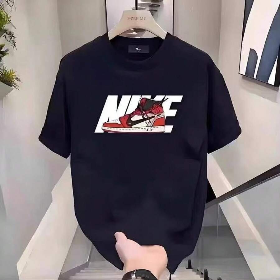 Camiseta de manga corta para hombre de algodón puro de alta densidad, nuevo estilo de verano, cuello redondo estampado a la moda, corte ligeramente holgado, top casual versátil de media manga. DSFE - 250 g de algodón puro - negro - Ver 1