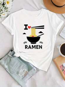 Fashion Printed T-Shirts For Women, Oversized Streetwear Tops, Comfortable And Stylish All-Match Summer Tees. Ramen Chopstick Print T-Shirt, Short Sleeve, Round Neck, Casual Style For Summer And Spring, Women's Clothing. - 白色 - 查看 1