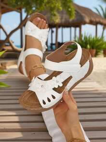 Women's Color Block Platform Sandals, Casual Open Toe Thick Bottom Flat Shoes, Comfortable Beach Slippers - White - View 3