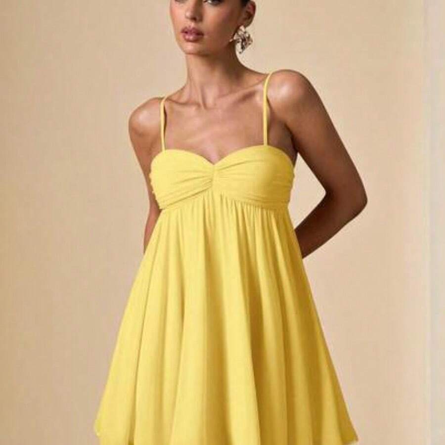 Sleeveless Spaghetti Strap Solid Pink Elegant Sweet Cute Mini Sundress, Mini Dress, Suitable For Romantic Dates, Parties, Formal Gatherings, Bridesmaid Dresses, Women's Summer Dress, Tea Party Dress, New Year, Valentine's Day, Birthday Mini Dress, Pink Dress, Casual Dress, Summer Dress - Amarillo - Ver 1