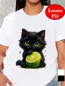 Camiseta de manga corta con cuello redondo y estampado de gato lindo y limón, top casual para primavera y verano, ropa de mujer de talla grande - [Blanco] - Ver 2