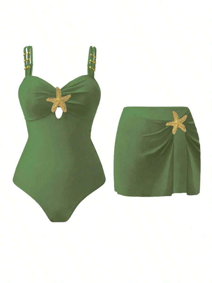 Swim Oasis 1 pieza Traje de baño de una sola pieza casual de vacaciones con decoración de pentágono lindo para mujer - Verde militar - Ver 1