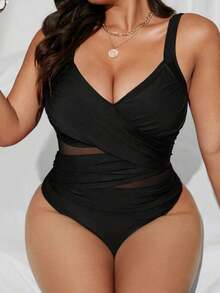 Swim  Traje de baño de una pieza de corte slim, con parches de malla de dos tonos y cruzados, para mujer de talla grande.Ideal para el verano y las vacaciones en la playa. - Negro - Ver 5