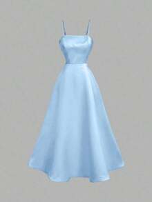 MOD Vestido de satén color albaricoque con lazo en la espalda y largo medio - Azul - Ver 5
