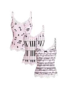 ROMWE Conjunto de 3 piezas con camiseta de tirantes con encaje y estampado de notas musicales y teclado de piano, estilo retro Y2K - Rosa - Ver 12