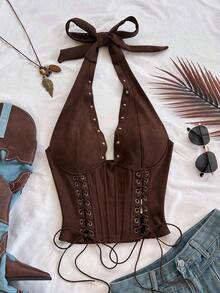 WYWH Top sin mangas con cuello en V, decorada con lazo y terciopelo, adecuada para otoño/invierno, vacaciones, citas, té de la tarde, vacaciones, festivales de música, estilo bohemio, playa - Marrón 2 - Ver 3