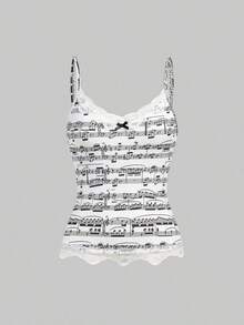ROMWE Conjunto de 3 piezas con camiseta de tirantes con encaje y estampado de notas musicales y teclado de piano, estilo retro Y2K - Blanco y Negro - Ver 9