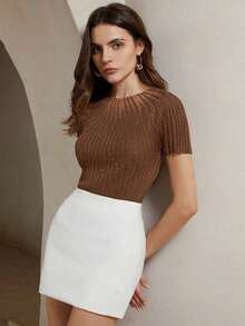 Blusa de punto semitransparente con decoración de strass y mangas cortas elegante para mujer - Camel - Ver 4