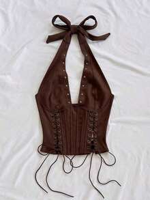 WYWH Top sin mangas con cuello en V, decorada con lazo y terciopelo, adecuada para otoño/invierno, vacaciones, citas, té de la tarde, vacaciones, festivales de música, estilo bohemio, playa - Marrón 2 - Ver 6