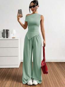 Set de 2 piezas de top y pantalones asimétricos de unicolor para mujer, casual y de uso diario - verde menta - Ver 4