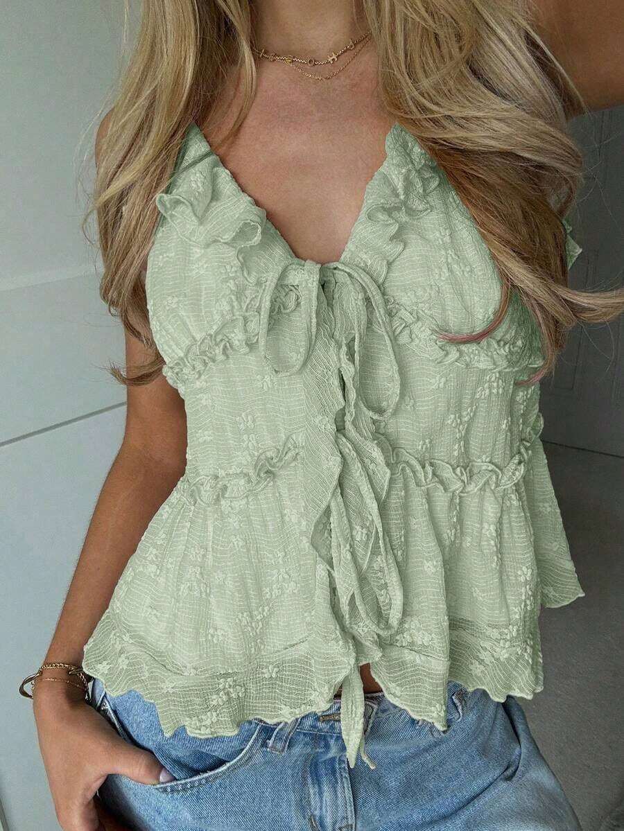 Camiseta casual y versátil con volantes y lazo delantero, ideal para citas y fiestas - Verde - Ver 1