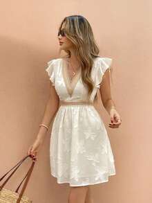 Frenchy Vestido corto de mujer con escote en V, manga con volantes, encaje de parche y tejido jacquard calado para vacaciones/fiesta - Albaricoque - Ver 8