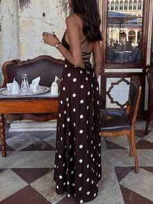 Vestido de verano elegante y casual para fiesta, con lunares, recortes y retorcido, ideal para vacaciones en la playa - Cafetería - Ver 3