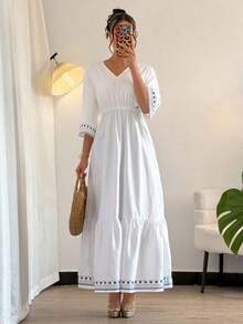 Vestido largo de línea A con escote en V, mangas raglán y cintura ceñida, estilo casual de vacaciones para primavera/verano - Blanco - Ver 5