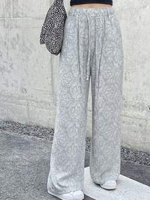 Women's Casual Solid Color Long Pants With Drawstring Waist - Gray - View 3