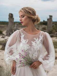 Elegant Dress With Round Neck Bubble Sleeves And Tulle Embroidery - 白色 - View 2