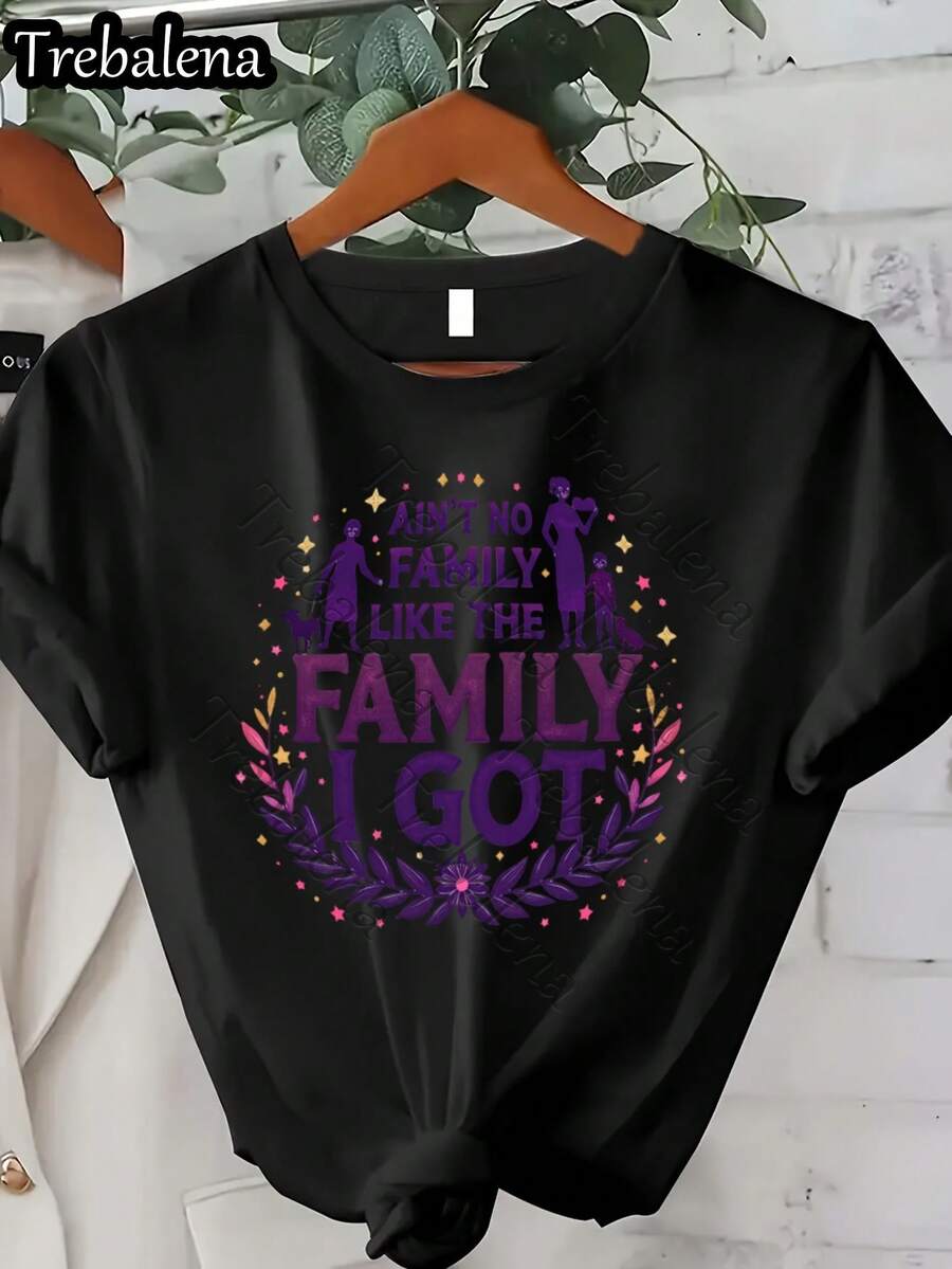 Talla Grande - Camiseta de Cuello Redondo Talla Grande con Letras Coloridas "No Hay Familia Como la Que Tengo" - Camiseta de Manga Corta Talla Grande - Top Casual de Moda para Verano y Primavera - Ropa de Mujer para el Día de la Madre/Día de los Caídos/Juneteenth 0XL-4XL - negro8 - Ver 1