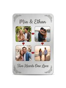 1 Piece Personalized 4 Photos Aluminum Wallet Card, Custom Photo & Text Couple Memorial Card, Custom Name & Quote Romantic Love Card, Heart Connected Vintage Floral Design, Brushed Aluminum Material, Thin & Portable, Scratch-Resistant, Durable & Non-Deformable, Romantic & Warm Style - Silver - View 7