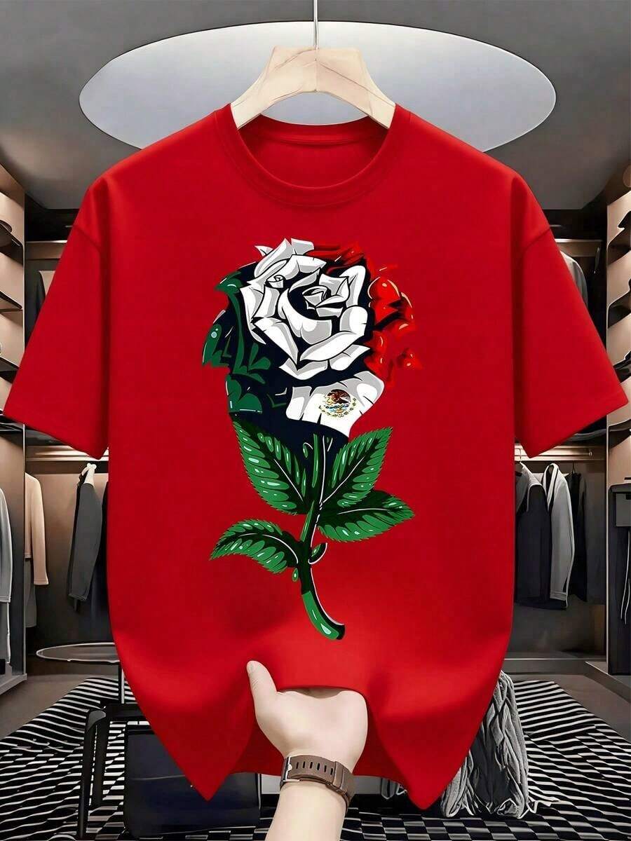 Rosa form por los colores de la bandera de México con pétalos blancos rojos y verdes que simbolizan unidad y orgullo nacional acompa?por hojas verdes vibrantes camiseta de hombre 100% algodón 220g - Rojo - Ver 1