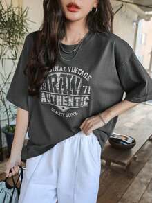 Camiseta de verano de estilo oversize con gráfico de letra y hombros caídos - Blanco - Ver 3
