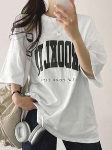 Oversized Urban Style T-Shirt With Graphic Letter Print And Dropped Shoulders - White - View 2